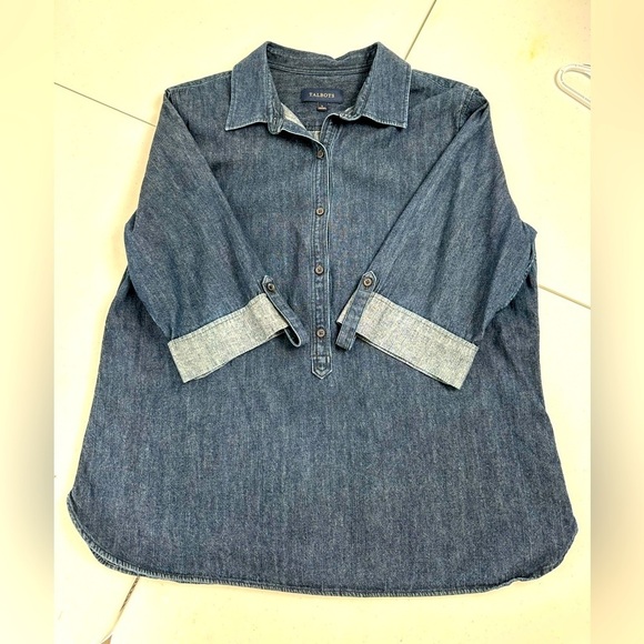 Talbots Denim 3/4 Button Up Roll-Tab Collared Blouse - Picture 6 of 7
